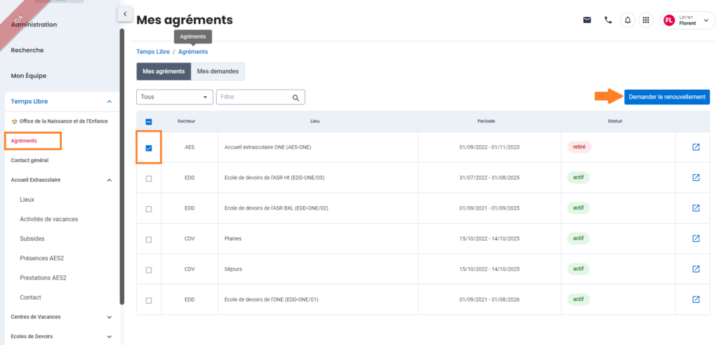 Cochez les agréments à renouveler puis demandez le renouvellement dans "Accueil Temps Libre".