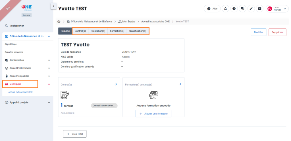 Complétez les données de contrat, prestations, formations continues et qualifications pour chaque personne sur "Mon Equipe".